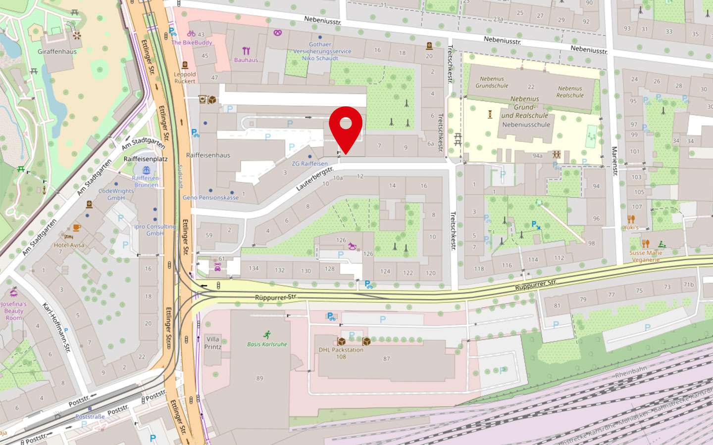 Kartenausschnitt von OpenStreetMap mit markierter Position des Ausbildungszentrums der Malteser.