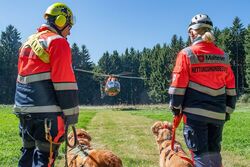 Zwei Ehrenamtliche mit Rettungshundem im Vordergrund, im Hintergrund ein Hubschrauber